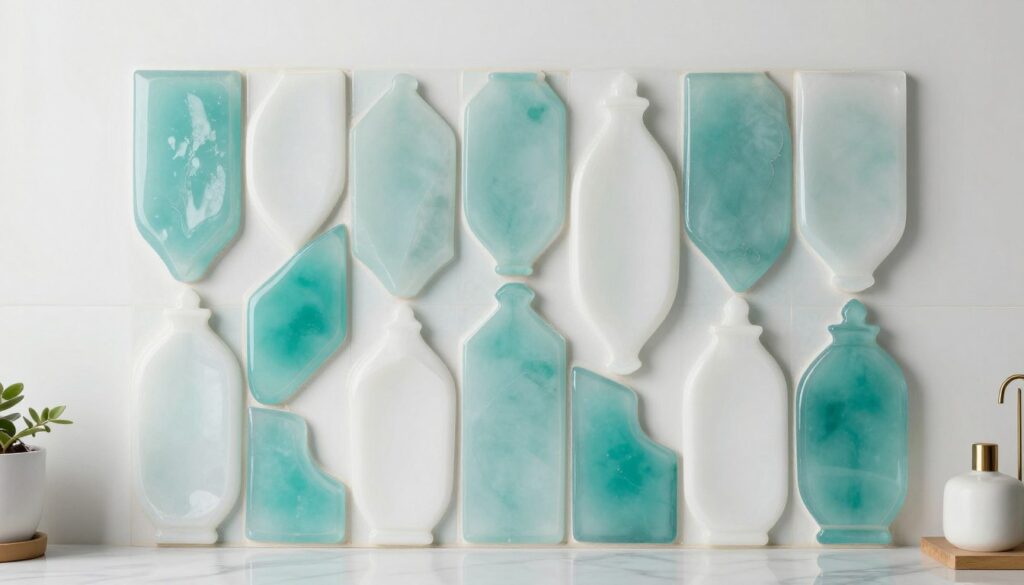 Arabesque sea glass tiles creating elegant curved pattern backsplash
