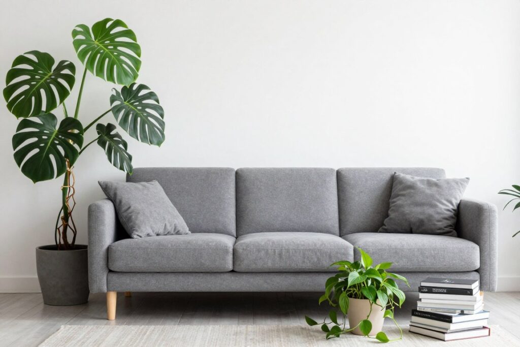 Asymmetrical plant arrangement beside modern sofa creating balanced yet casual composition, NO PEOPLE, NO HUMANS, NO HANDS