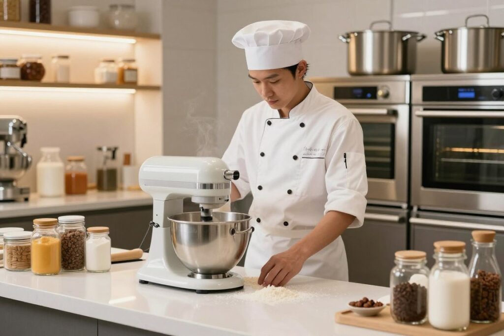 Baker working in kitchen with specialized baking station layout