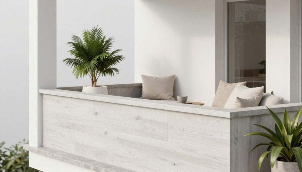 Balcony color palette showing white oak, gray stone, and neutral accents