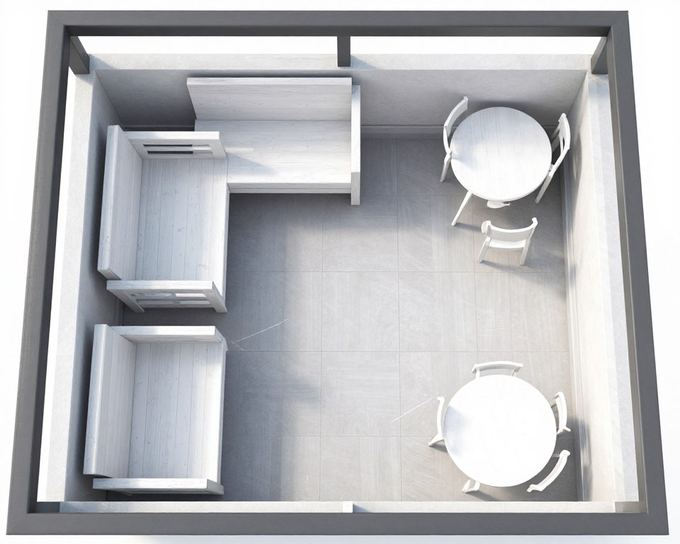 Balcony layout showing clear walkway between furniture groupings