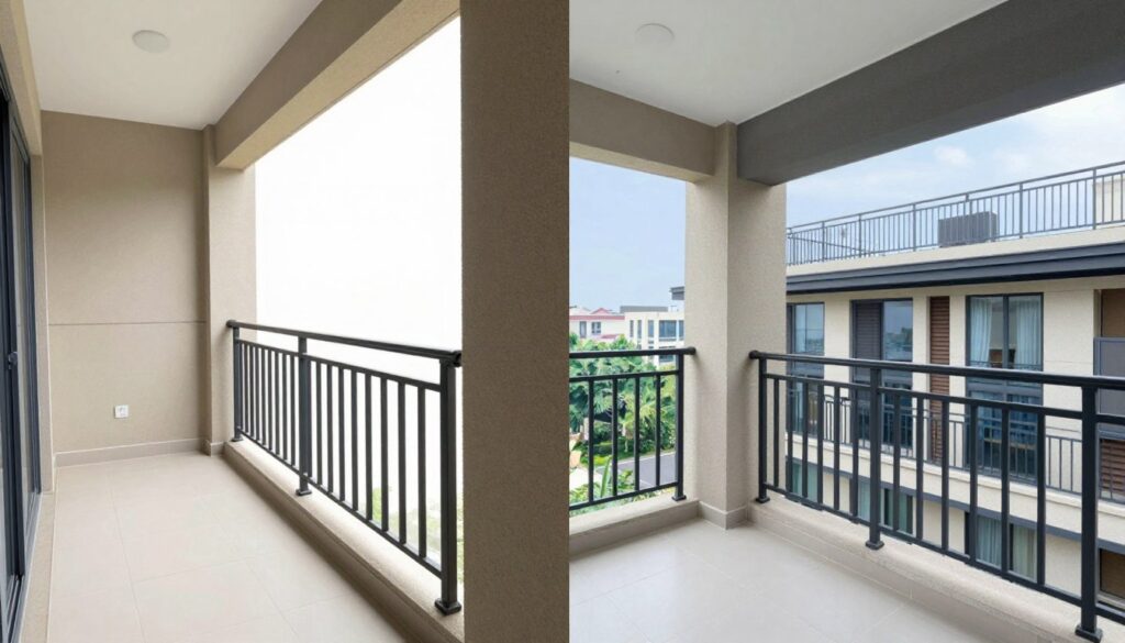 Balcony transformation showing before and after stages