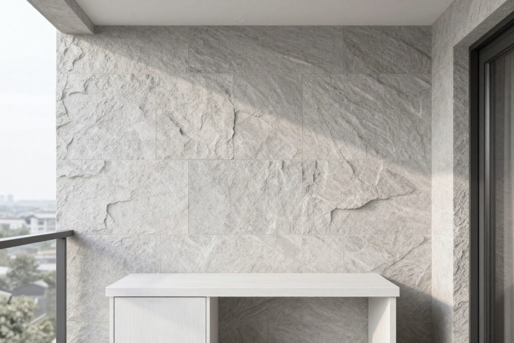 Balcony with floor-to-ceiling stone accent wall and white oak furniture