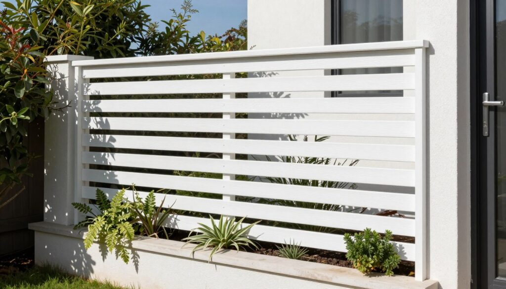 Balcony with wooden privacy screen and plants