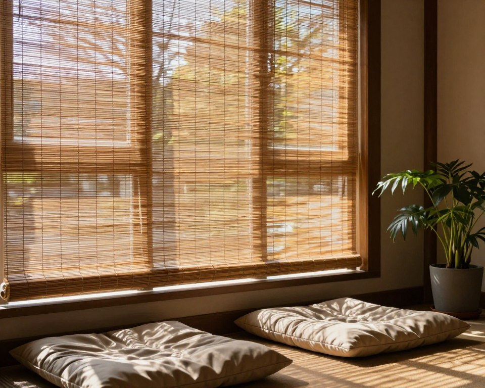 Bamboo shades filtering light in meditation corner, NO PEOPLE, NO HUMANS, NO HANDS