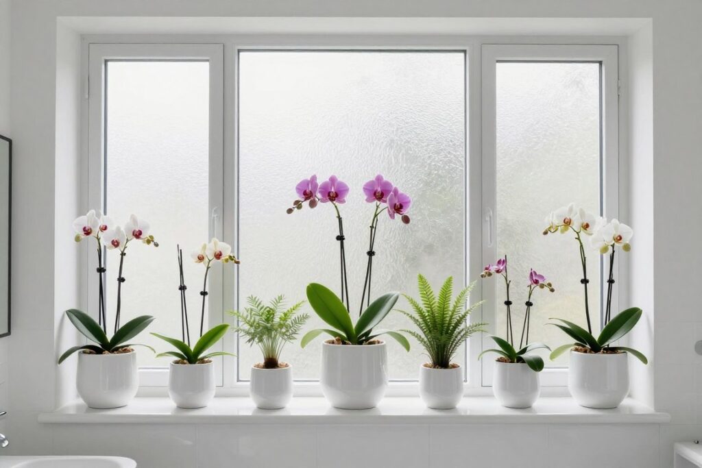 Bathroom windowsill with curated orchid and succulent display