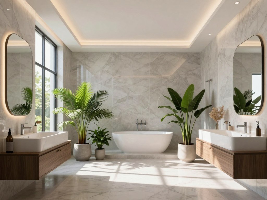 Bathroom with natural light assessment showing plant placement options