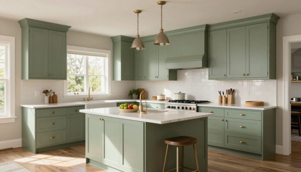 Beautiful completed sage green farmhouse kitchen showcasing all design elements