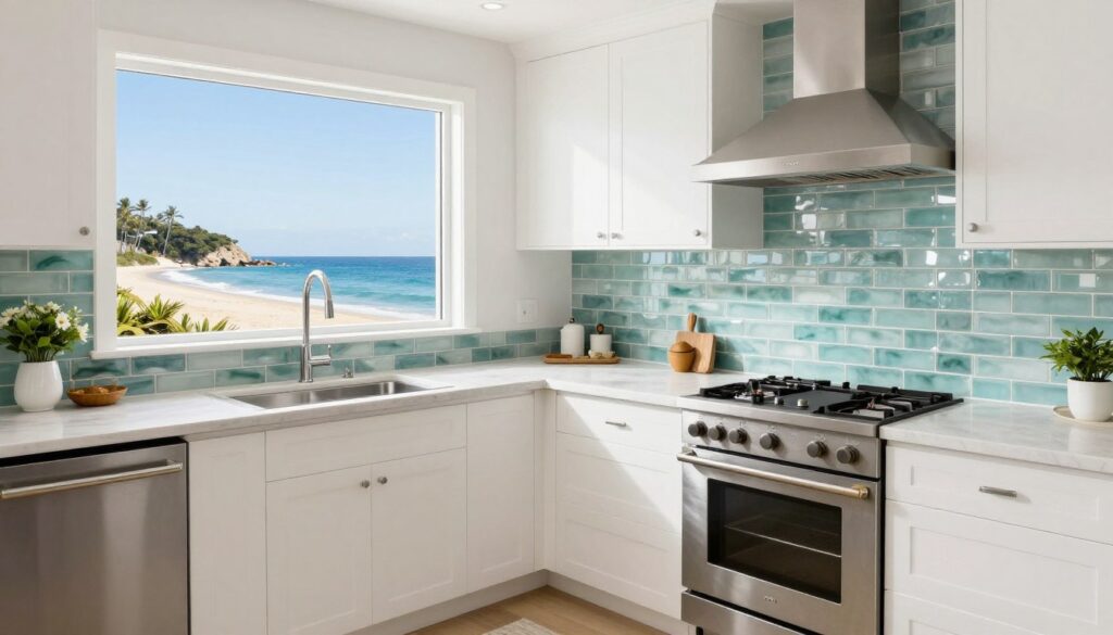 Beautiful completed sea glass kitchen backsplash in finished coastal kitchen