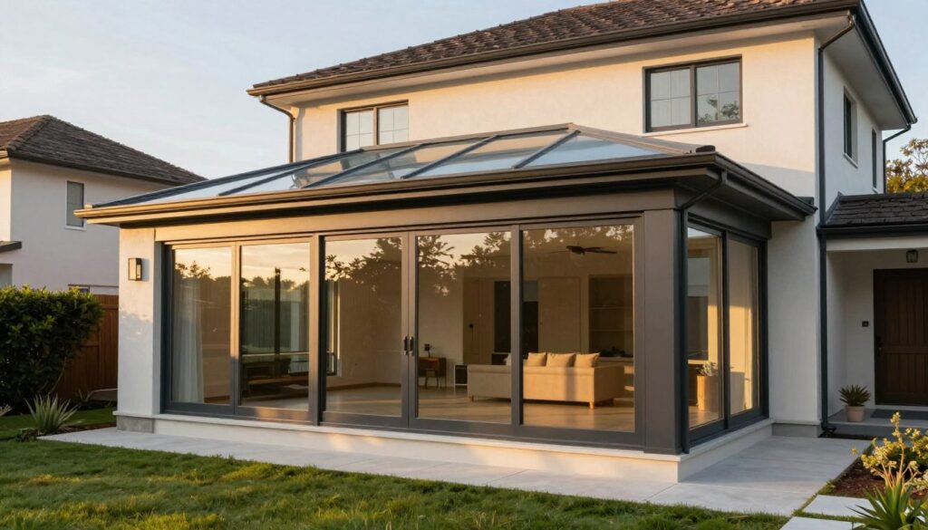 Beautiful completed sunroom addition showing successful integration with main house, empty finished space