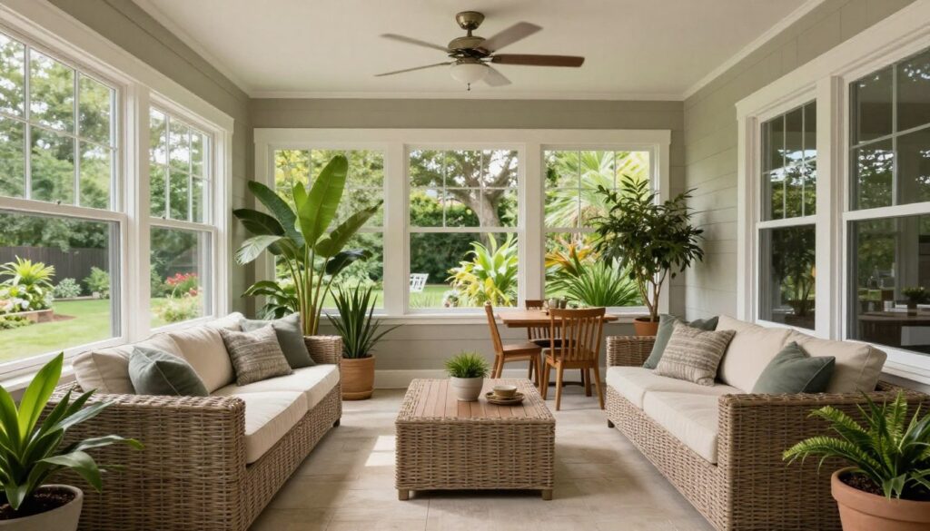 Beautiful completed sunroom with weatherproof furniture arrangement, NO PEOPLE, NO HUMANS, NO HANDS