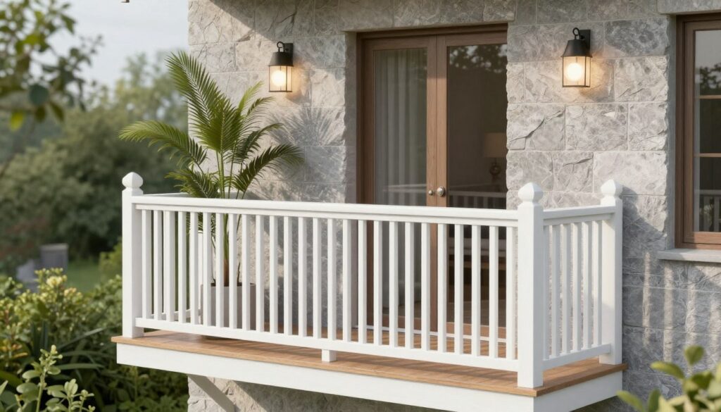 Beautifully completed modern balcony with white oak and stone elements