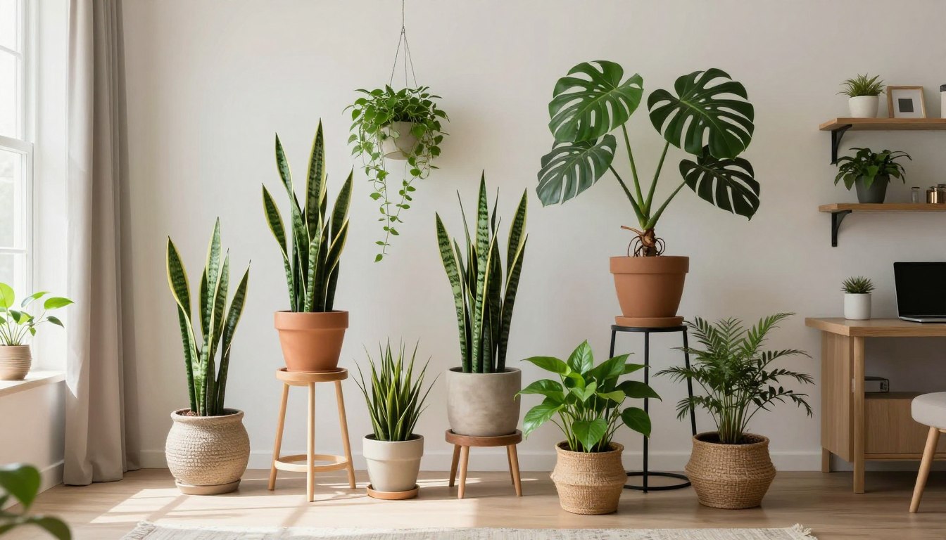 Beautifully styled living room with various indoor plants arranged at different heights creating visual interest, NO PEOPLE, NO HUMANS, NO HANDS