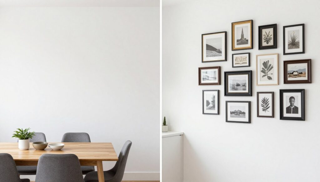 Before and after comparison of kitchen dining area with gallery wall transformation