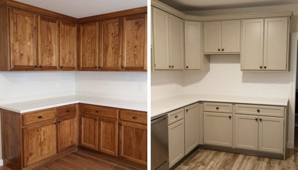 Before and after kitchen renovation with Accessible Beige cabinets