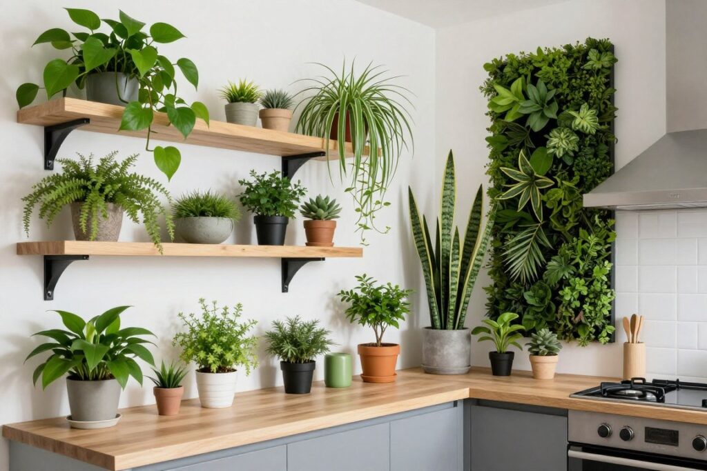 Biophilic kitchen filled with various indoor plants on shelves, counters, and hanging planters