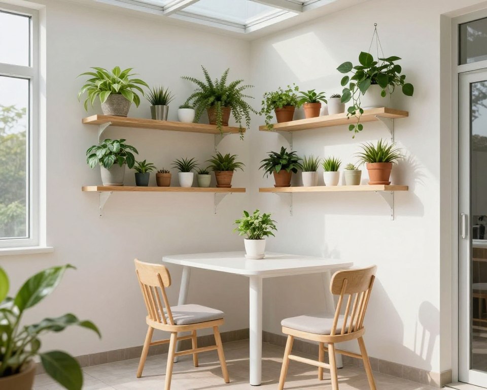 Bistro set with vertical shelving and hanging plants nearby, NO PEOPLE, NO HUMANS, NO HANDS