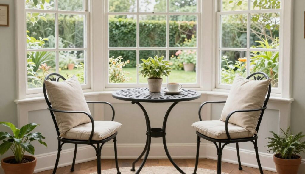 Bistro table and chairs set in small sunroom corner, NO PEOPLE, NO HUMANS, NO HANDS