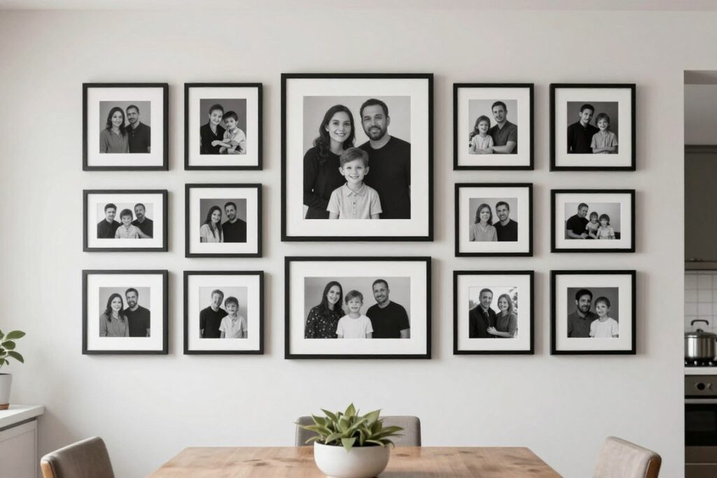 Black and white family photo gallery wall in kitchen dining area