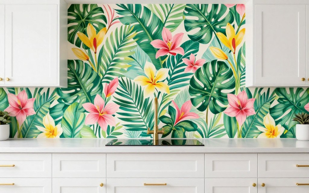 Bold floral wallpaper backsplash in kitchen creating dramatic focal point with colorful pattern