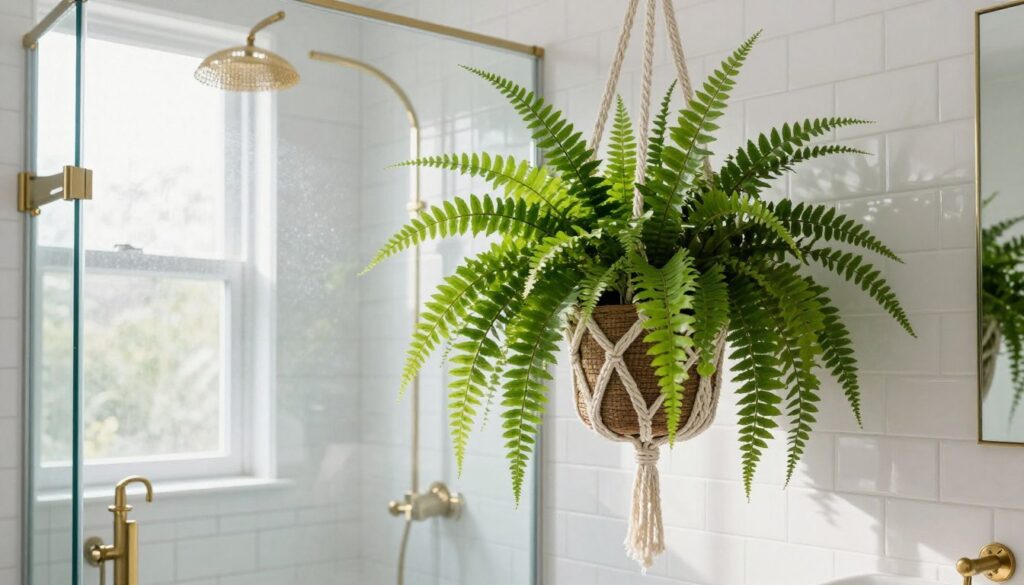 Boston fern in hanging planter near luxury shower enclosure