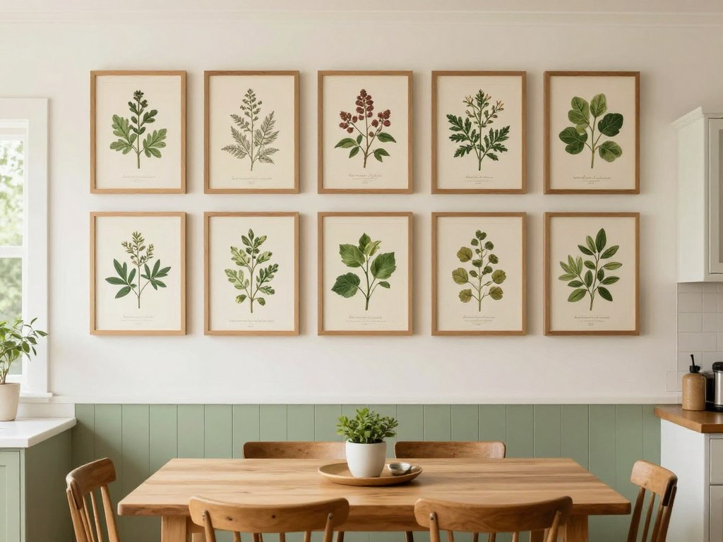 Botanical print gallery wall with herb and vegetable illustrations in kitchen
