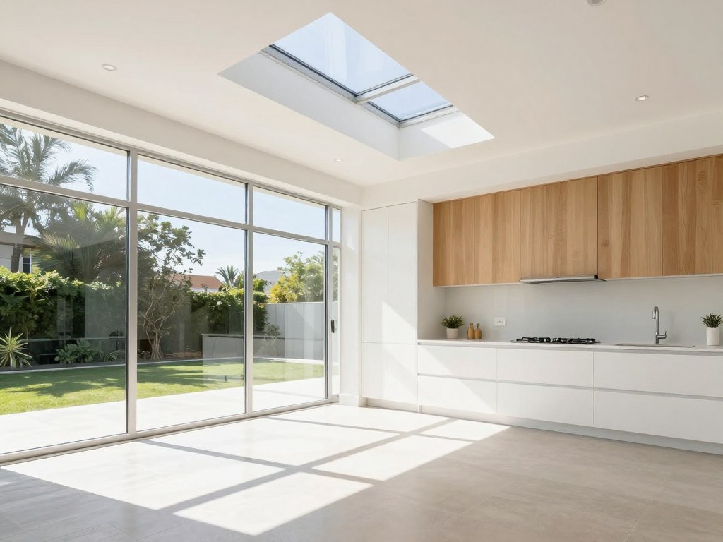 Bright kitchen with floor-to-ceiling windows allowing abundant natural light to fill the space