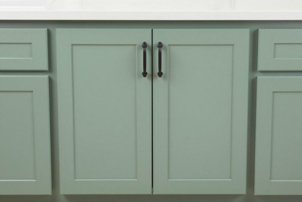 Budget-friendly sage green kitchen transformation with painted cabinets