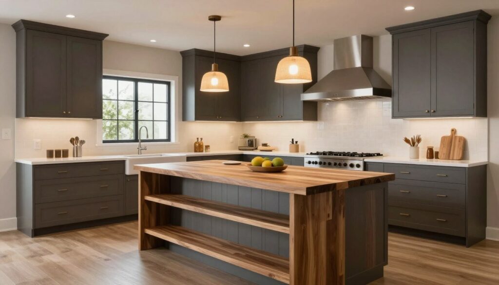 Butler pantry ideas featuring butcher block island with storage and prep space