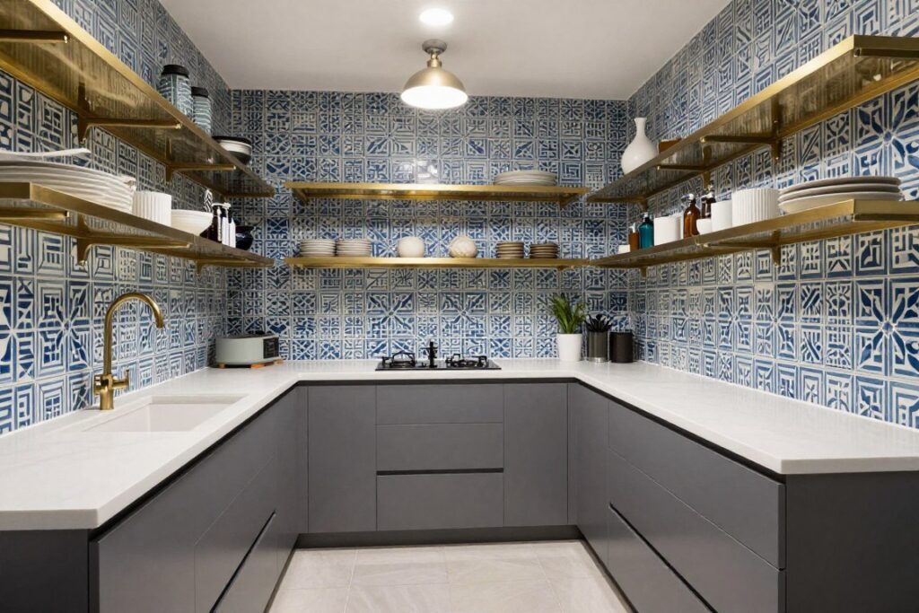 Butler pantry ideas featuring dramatic floor-to-ceiling tile backsplash in geometric pattern