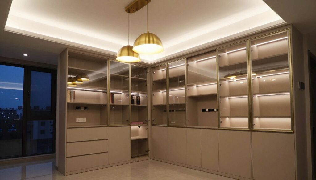 Butler pantry ideas featuring layered lighting with pendant fixtures and under-cabinet LEDs