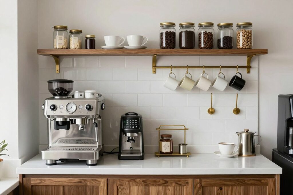 Butler pantry ideas showing dedicated coffee bar with espresso machine and organized supplies