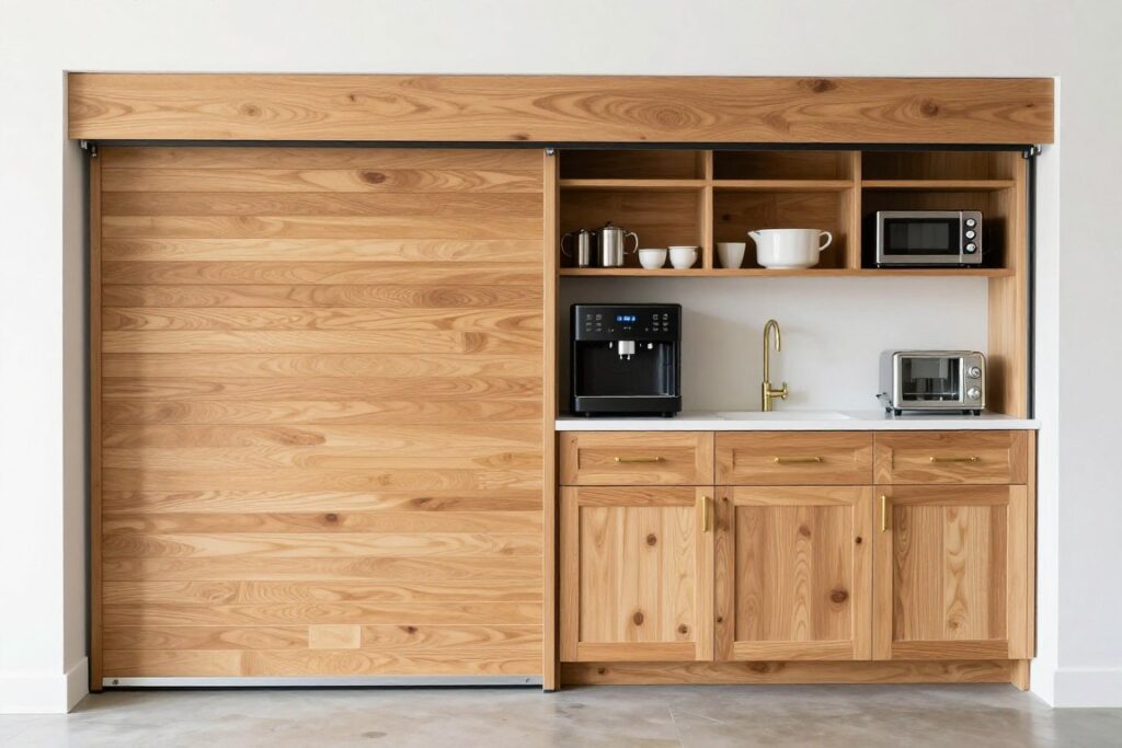 Butler pantry ideas with appliance garage featuring tambour doors hiding small appliances