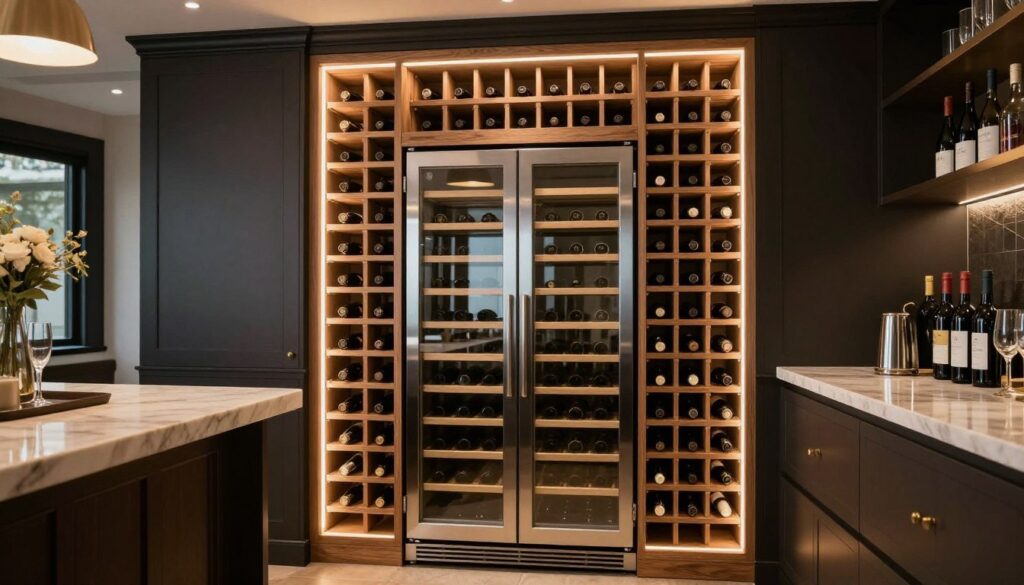 Butler pantry ideas with custom wine storage featuring individual bottle slots and display lighting