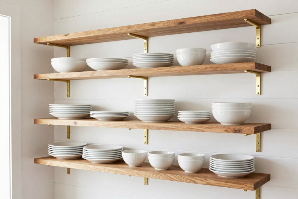 Butler pantry ideas with open shelving displaying organized white dinnerware and serving pieces