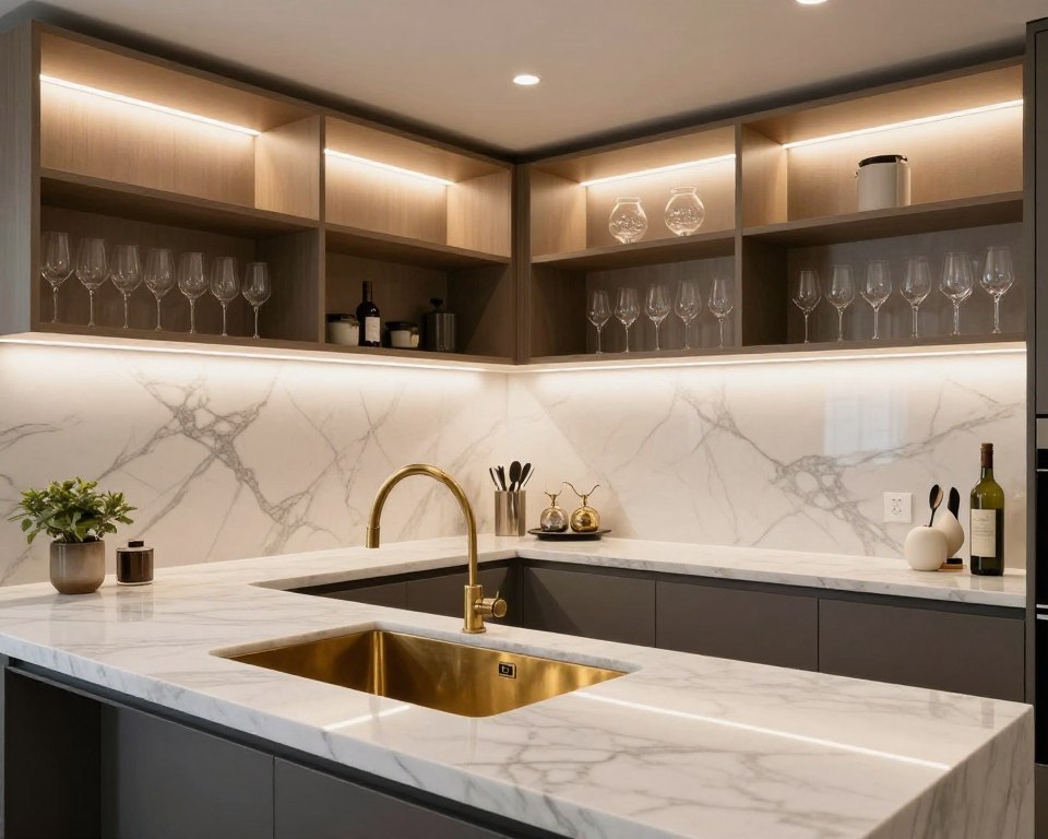 Butler pantry marble countertop with prep area and under-cabinet lighting