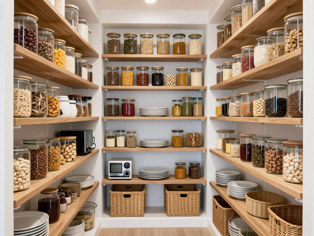Butler pantry walk-in space with organized shelving displaying food storage and serving pieces