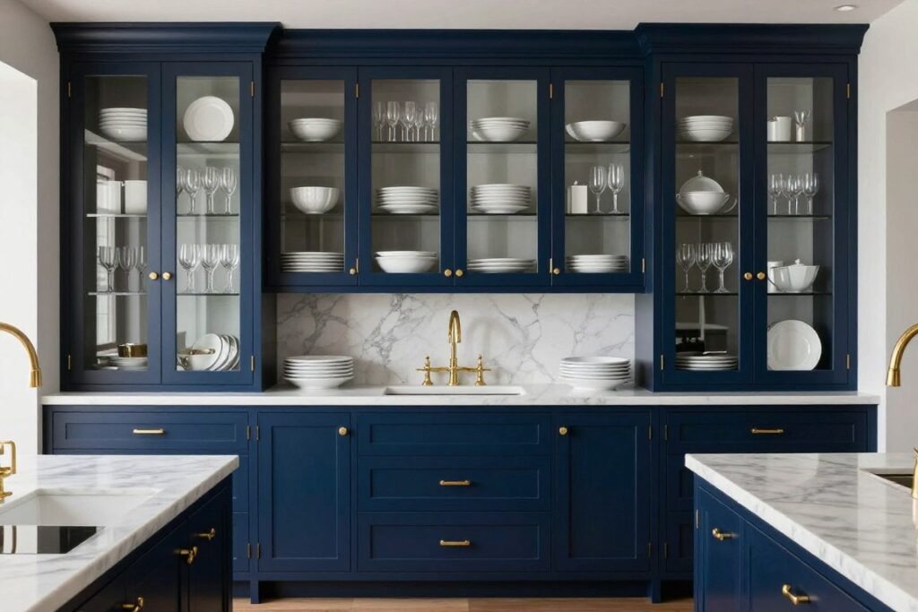 Butler pantry with floor-to-ceiling custom cabinetry featuring glass-front doors displaying organized dishware