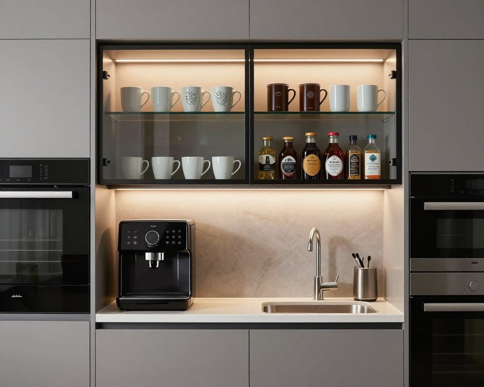Butler's pantry beverage station with organized coffee bar and glassware display