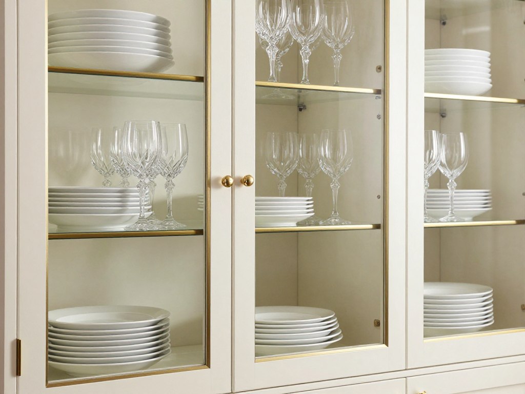 Butler's pantry ideas showcasing glass-front cabinet organization with white dishes and crystal glassware