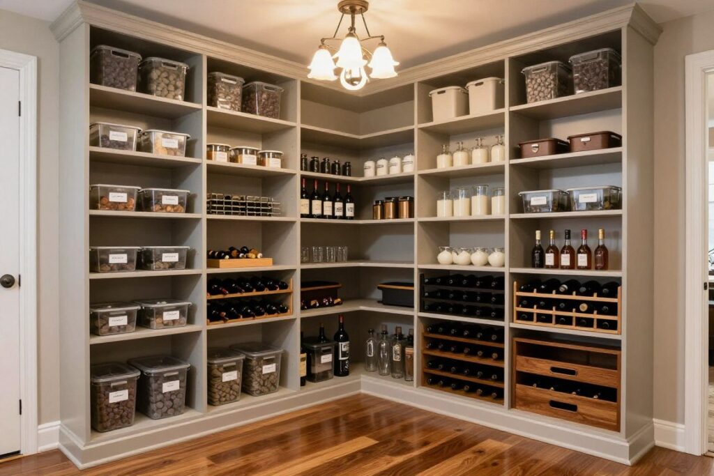 Butler's pantry ideas showing walk-in pantry with custom organization and pull-out shelving systems