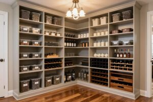Butler's pantry ideas showing walk-in pantry with custom organization and pull-out shelving systems