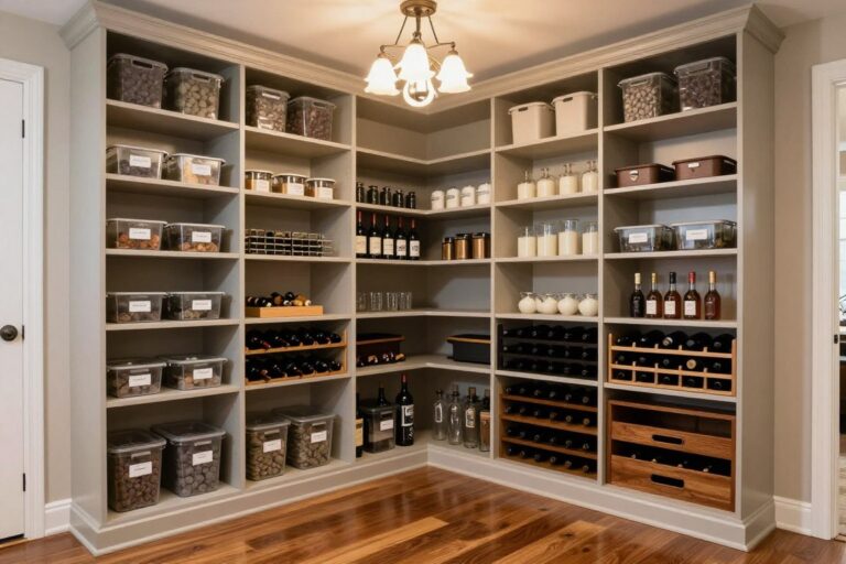 Butler's pantry ideas showing walk-in pantry with custom organization and pull-out shelving systems