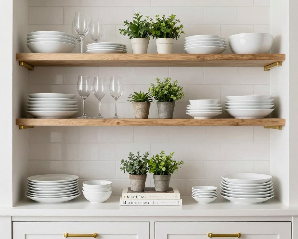 Butler's pantry open shelving styled with glassware, dishes, and decorative accessories
