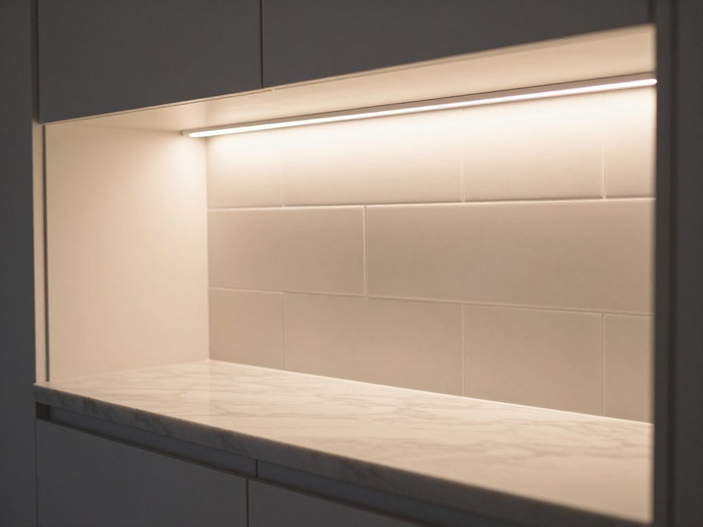 Butler's pantry under-cabinet lighting illuminating marble countertops and backsplash