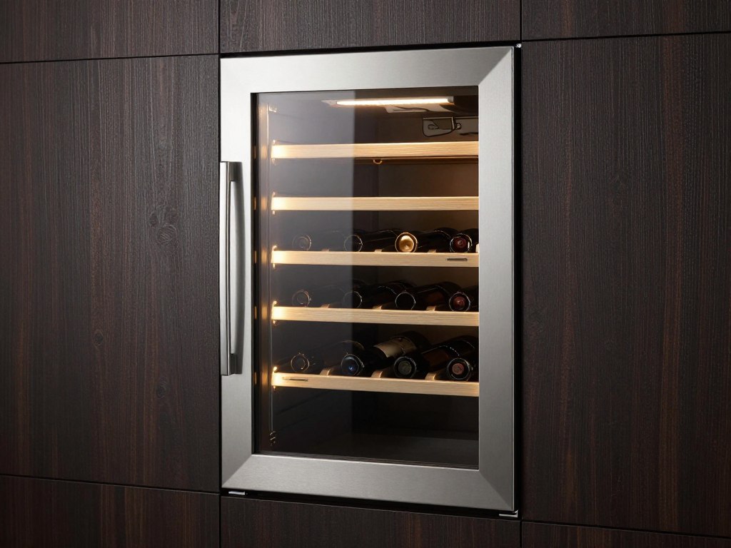 Butler's pantry wine refrigerator with glass doors and temperature display