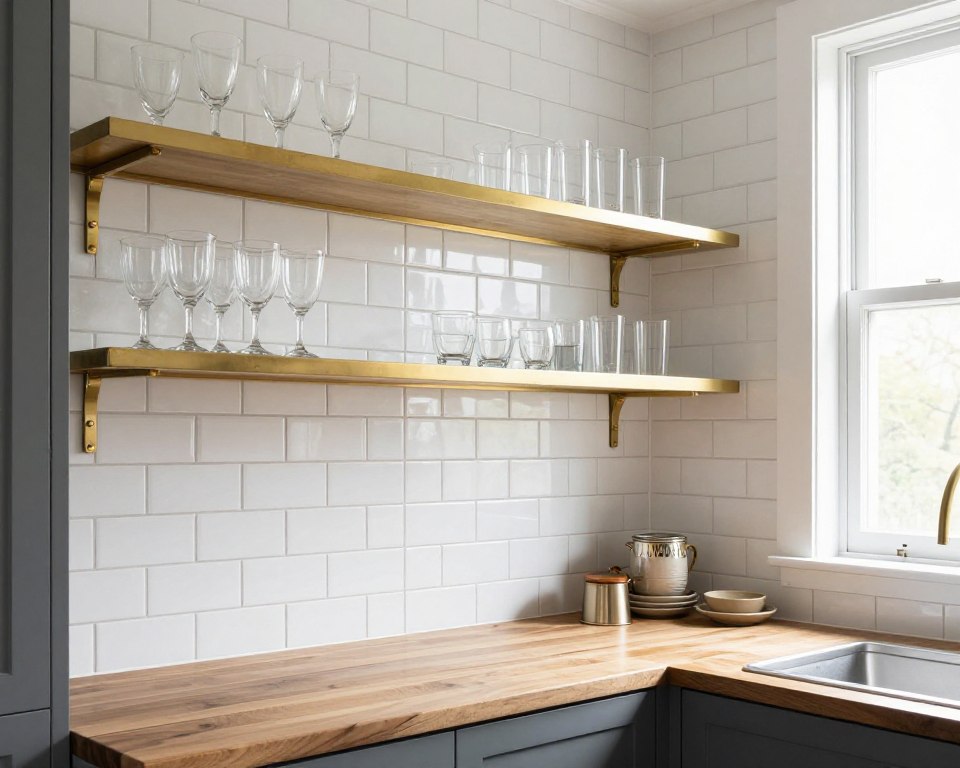 Butler's pantry with elegant subway tile backsplash and open shelving display