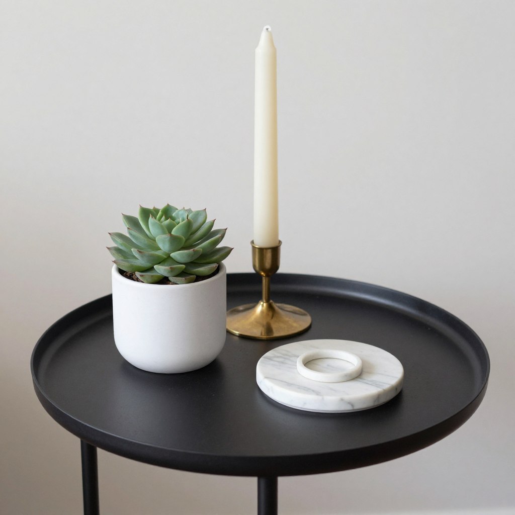 Carefully styled vignette on side table with plant, candle, and small decorative objects, NO PEOPLE, NO HUMANS, NO HANDS