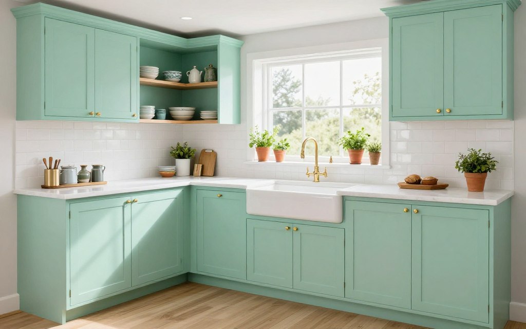 Charming kitchen with pastel mint green cabinets and white countertops creating soft cottage-style atmosphere
