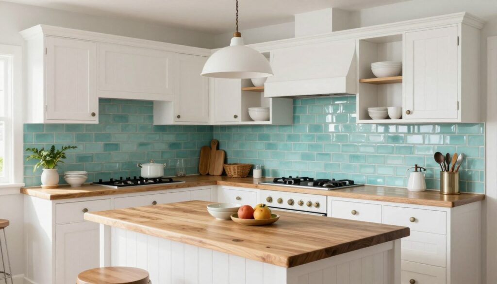Classic coastal cottage kitchen with sea glass subway tile backsplash